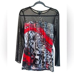 Y2K Fashion Multi-print Shirt w/Mesh Sleeves & Shoulders, Michael Tyler, Large